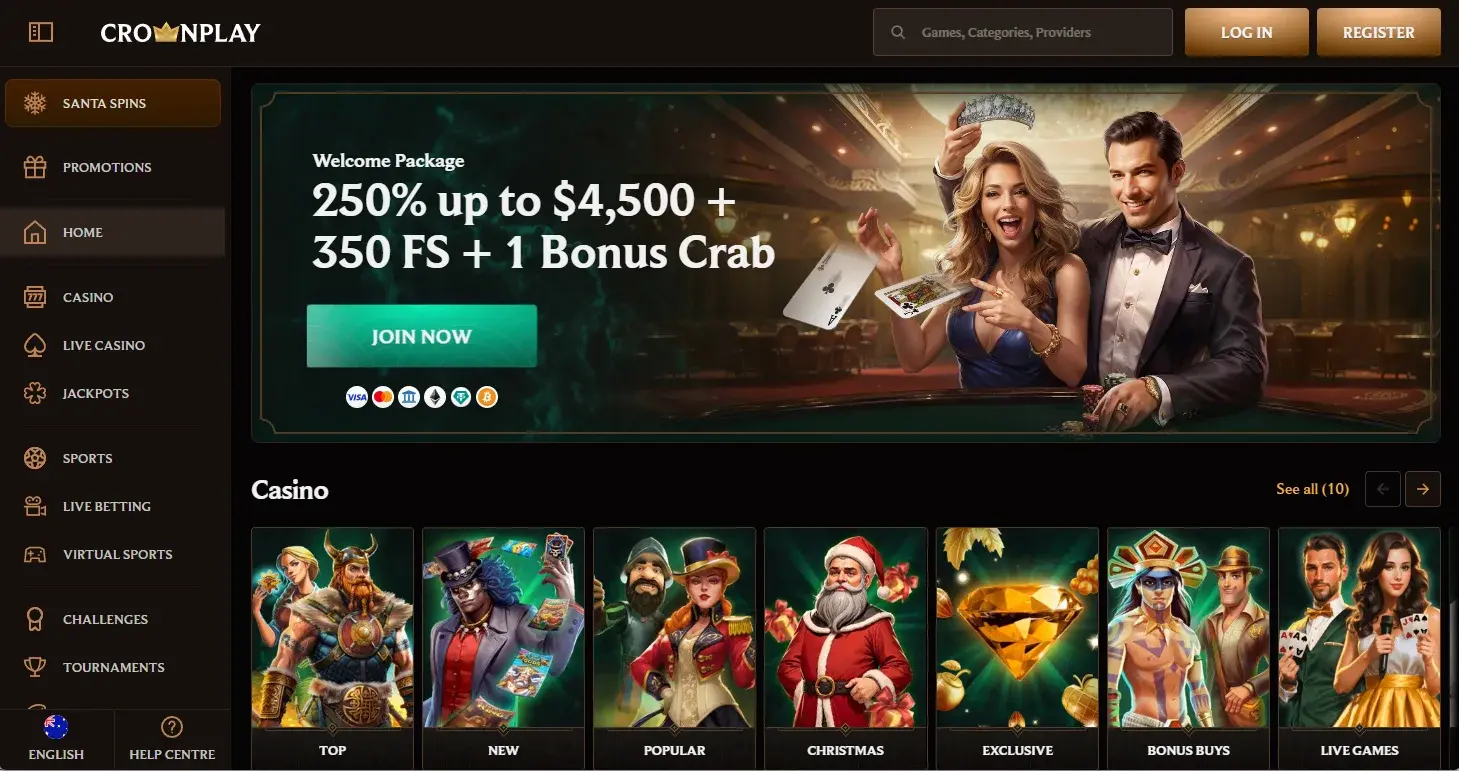 CrownPlay casino homepage showing promotions and featured casino games