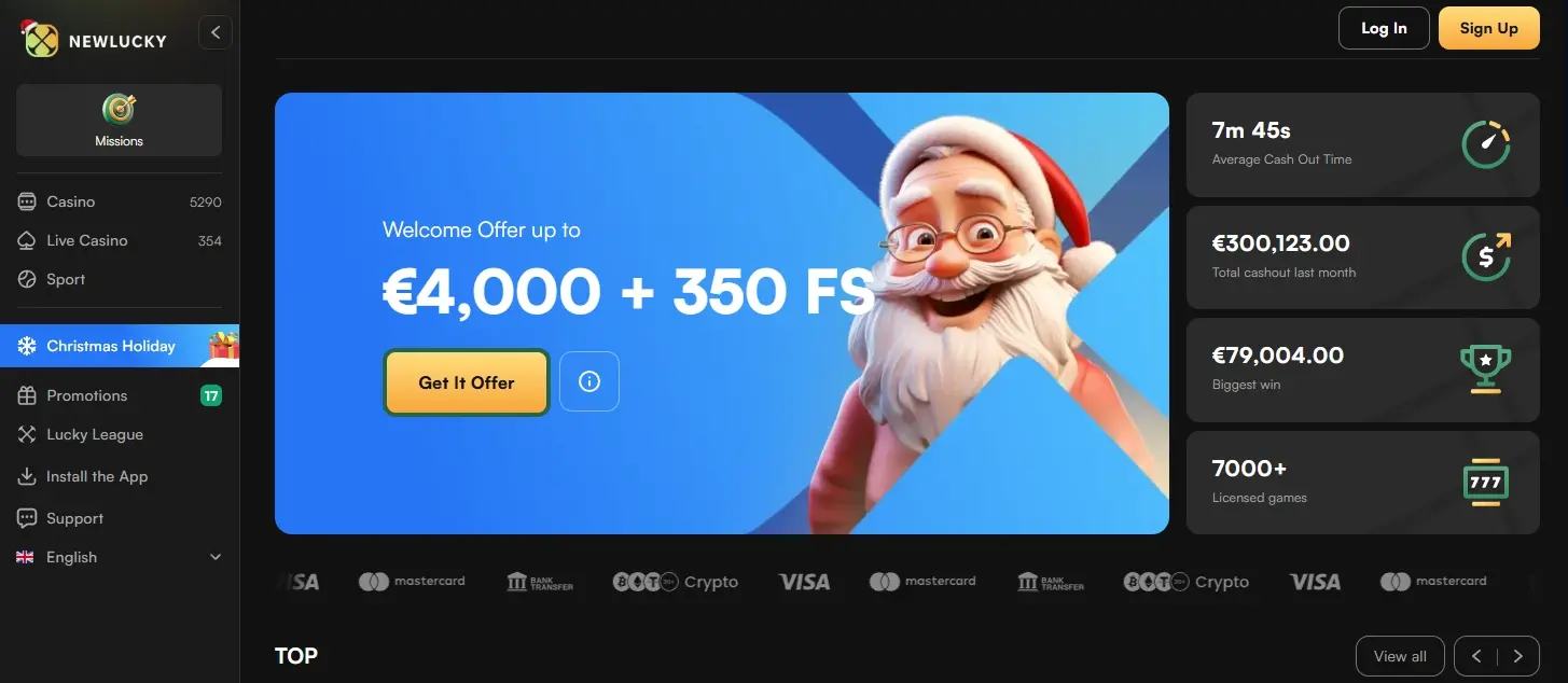 NewLucky casino homepage showing a welcome offer, seasonal promotion, and featured casino statistics
