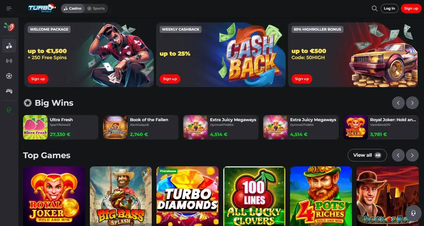 TurboWinz casino homepage showing bonus offers and top online pokies