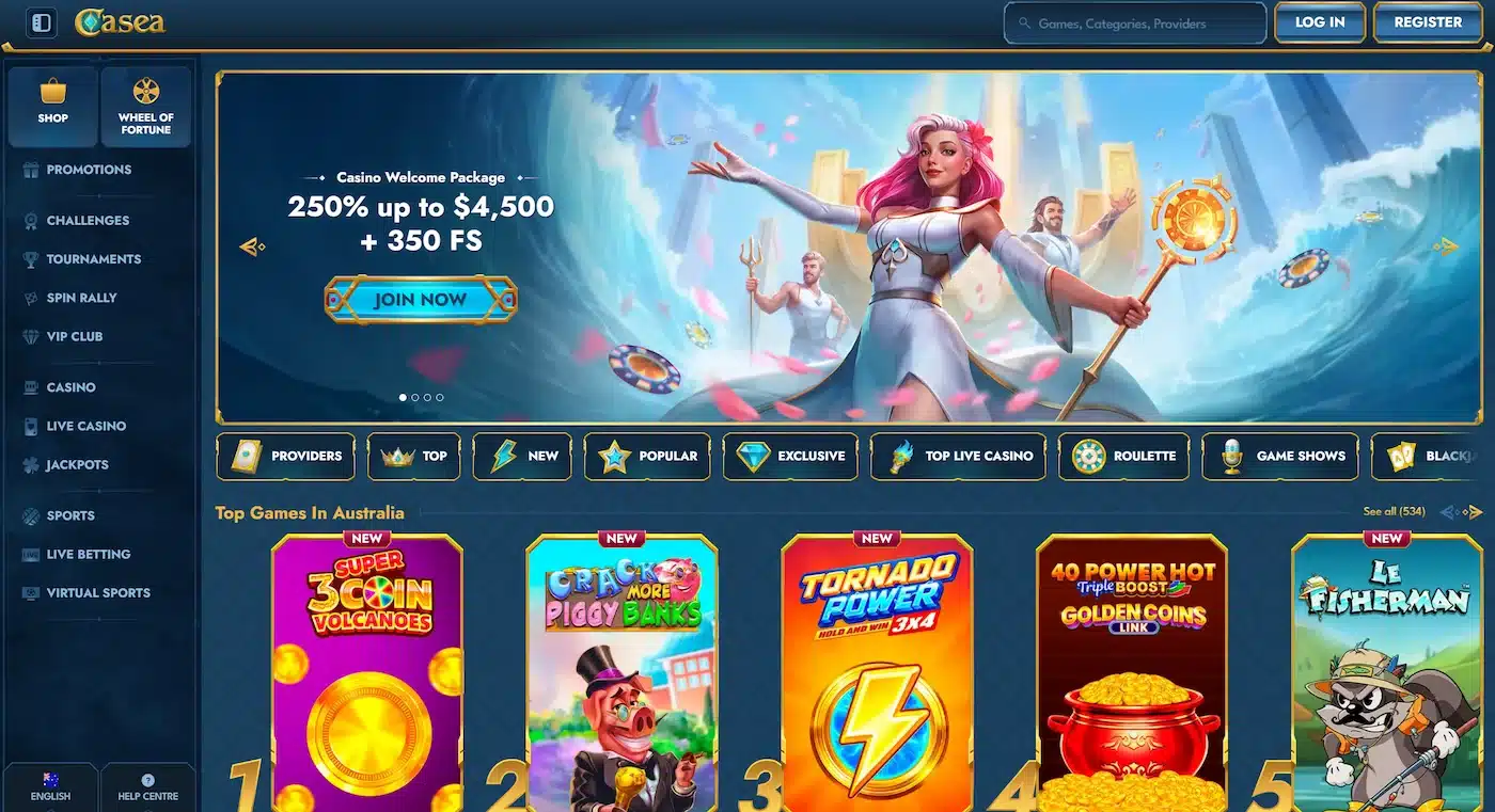 Casea casino page showing welcome bonus offer, top online pokies and site main navigation