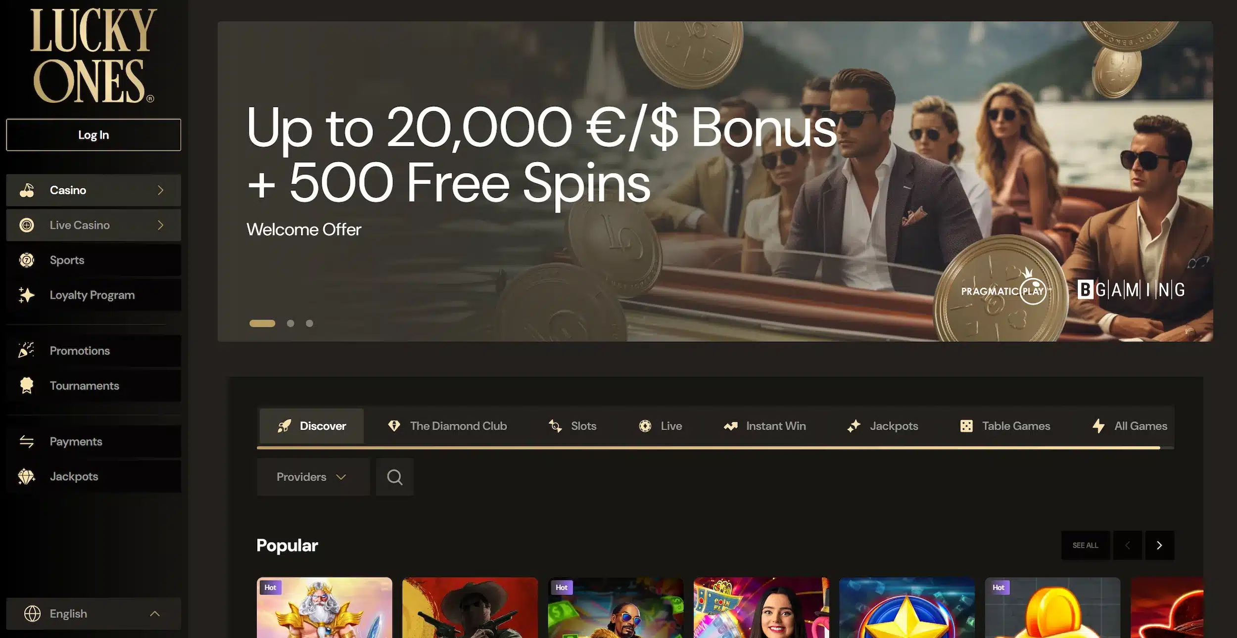 LuckyOnes casino page showing welcome bonus offer, selection of online pokies and site main navigation