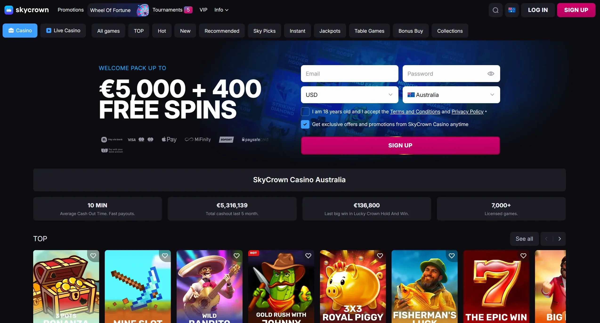 SkyCrown casino page showing welcome bonus offer, registration form, top online pokies and site navigation